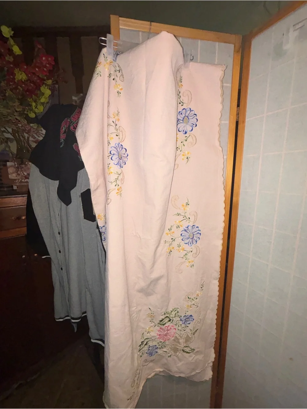 Vintage Hand-Embroidered Floral Bed Spread- Cream with Blue & Pink Flowers